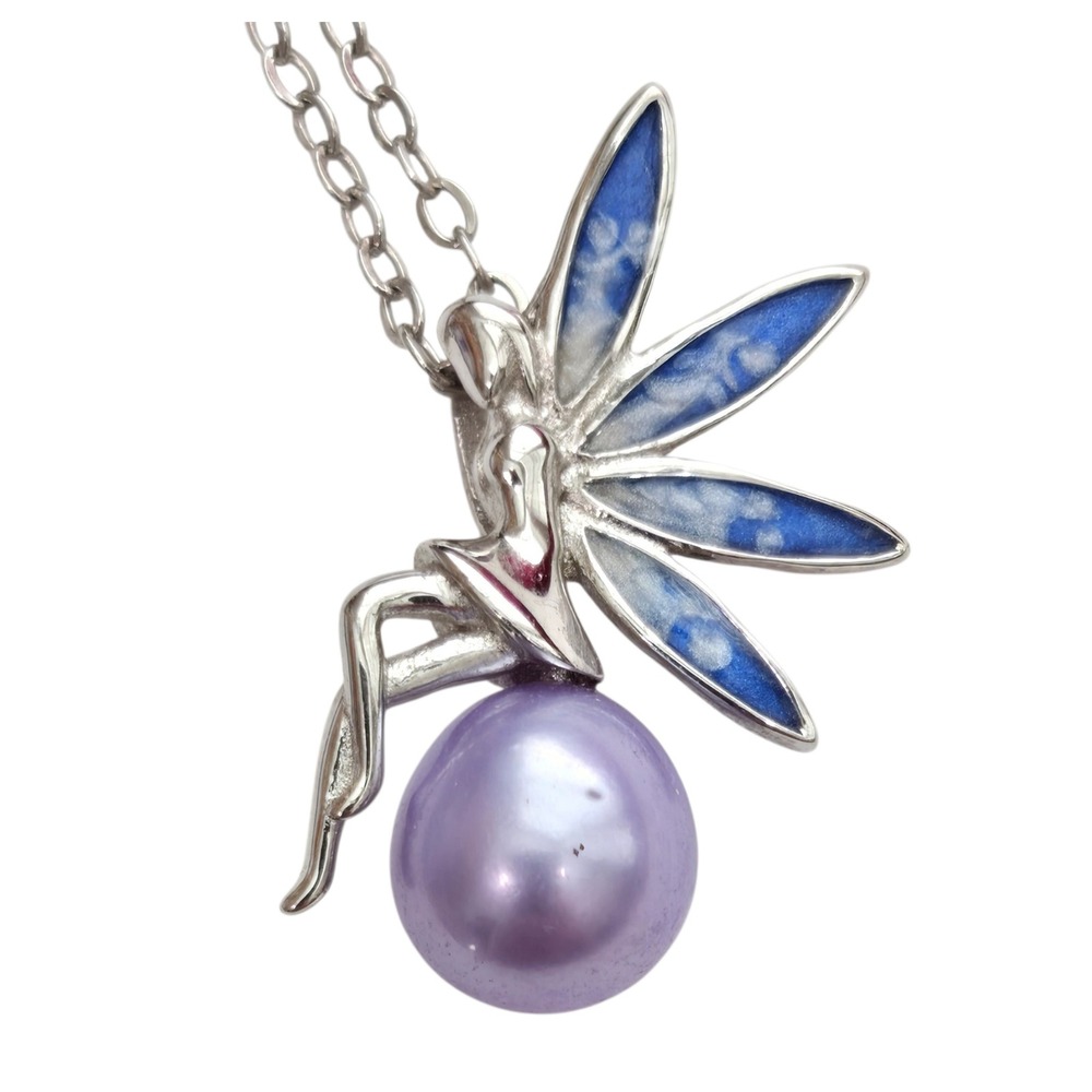 Sterling Silver 925 Fairy Necklace Lavender Faux Pearl Blue Enamel Wings Pendant